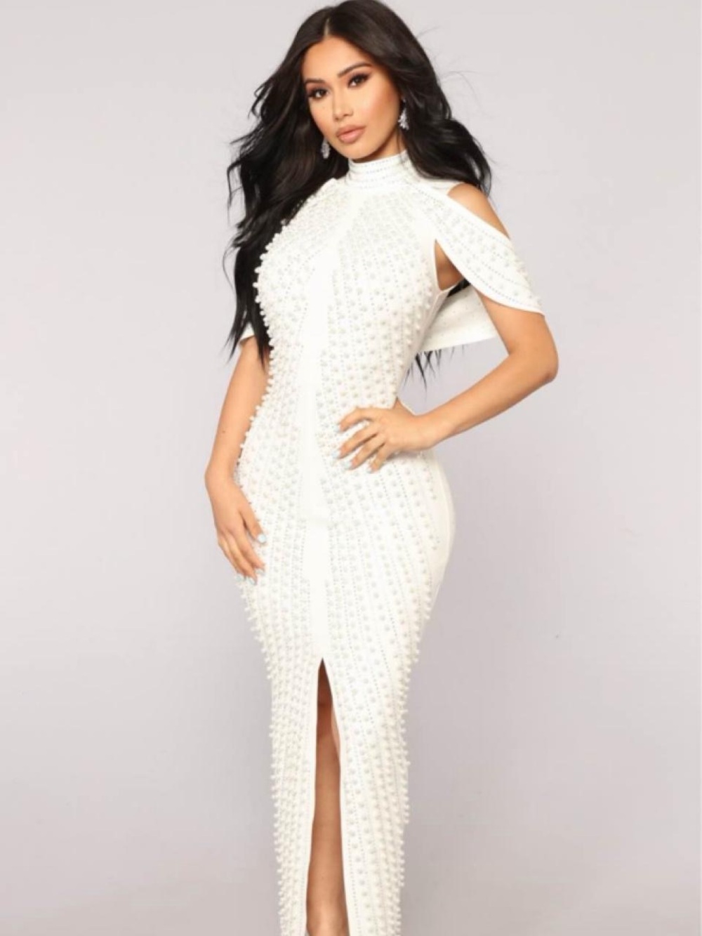 BNWT Fashion Nova LUXE White Pearl-Studded Cold-Shoulder Maxi Dress